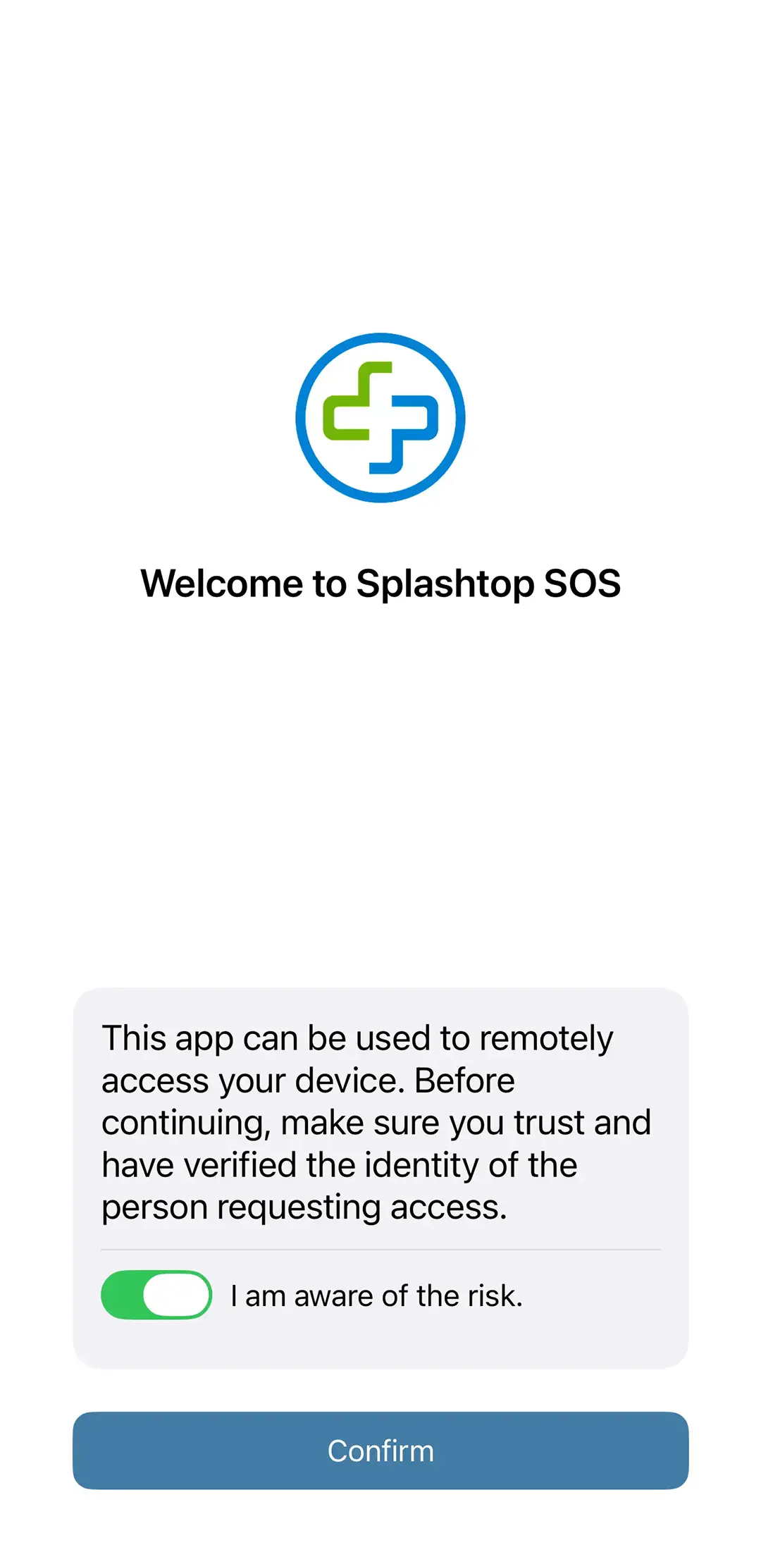 Splashtop SOS: the app window showing a warning not to allow untrusted access