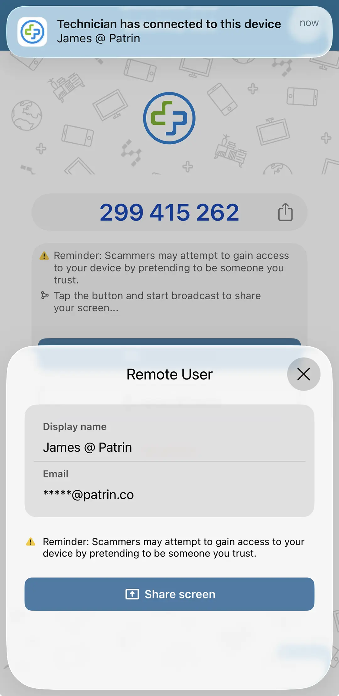 Splashtop SOS: the app window showing a pop-up with our identity and a button to Share screen
