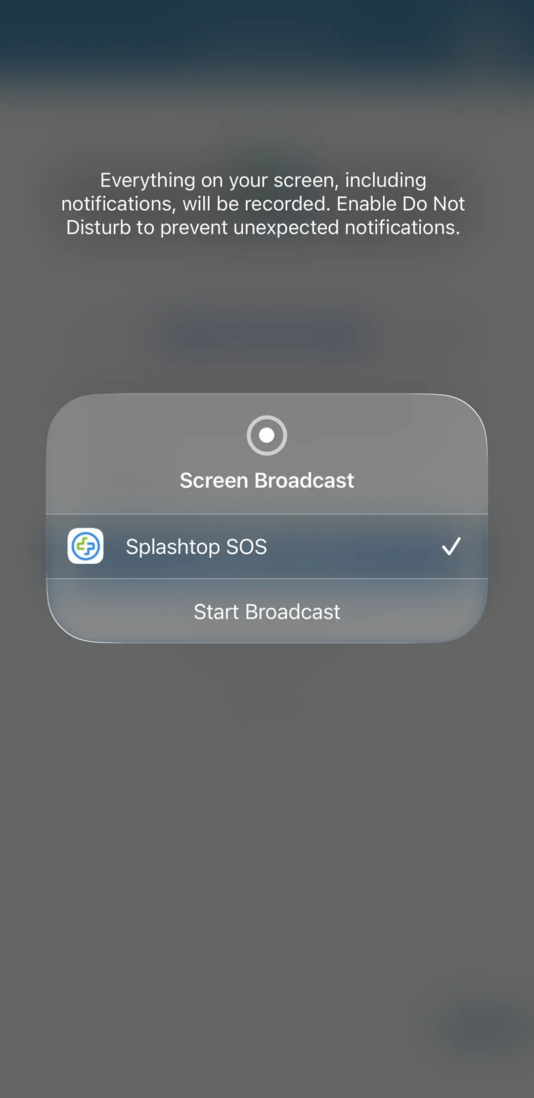 Splashtop SOS: a system window prompting you to start the broadcast to your screen