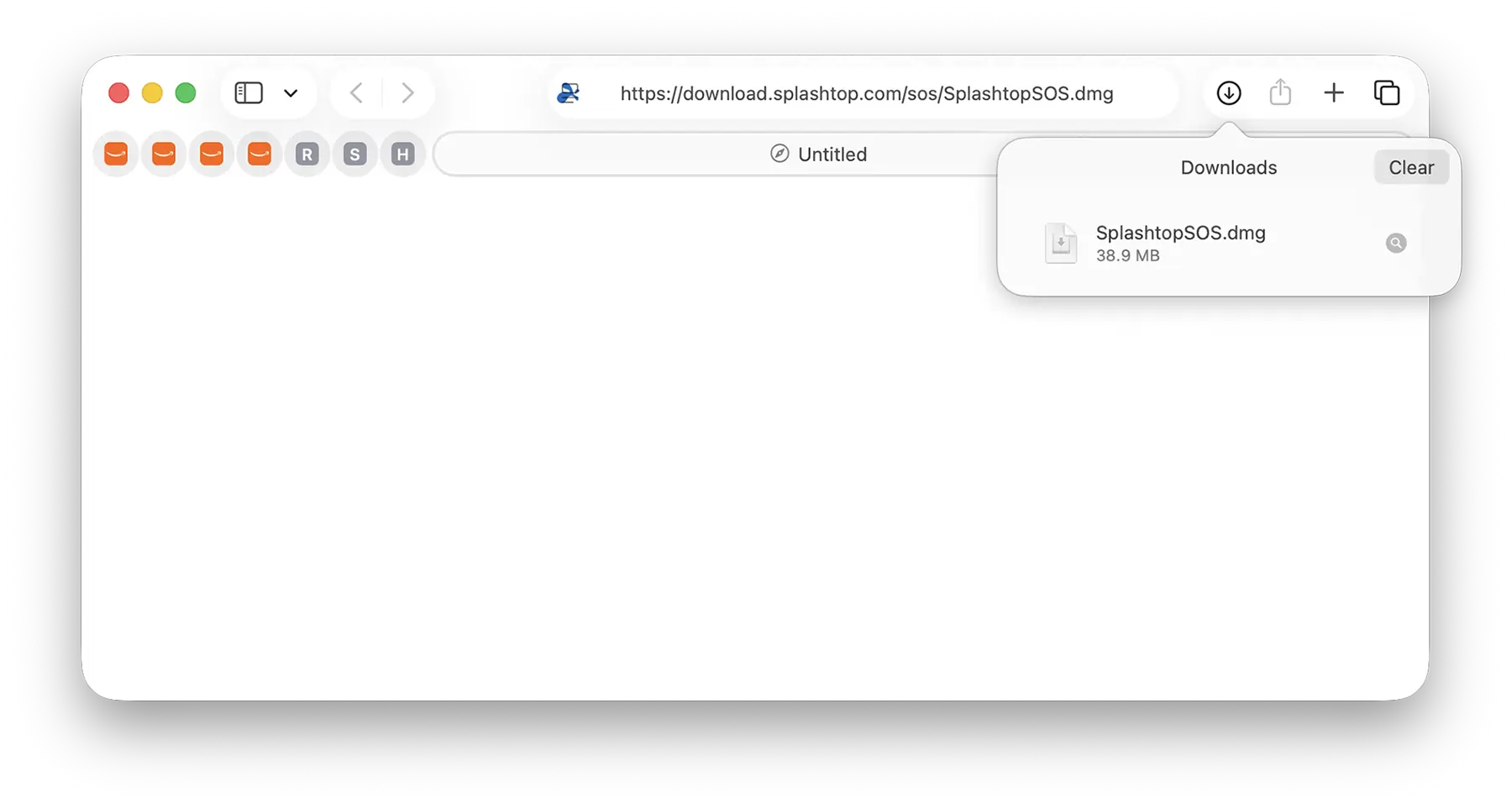 Splashtop SOS: Safari & Chrome download windows showing SplashtopSOS.dmg